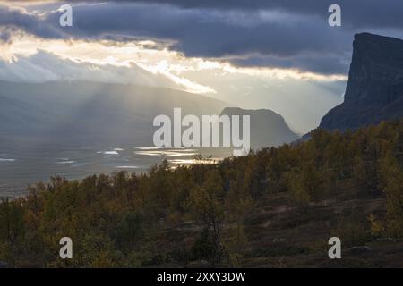 Abendliche Atmosphäre in Rapadalen, Sarek Nationalpark, Laponia Weltkulturerbe, Norrbotten, Lappland, Schweden, September 2013, Europa Stockfoto