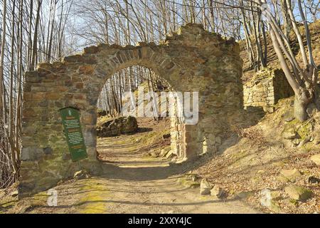 Das Königsschloss ist eine Burgruine auf einer Höhe, die sich im Frühjahr an der Spree in Granitkegel bei Kirschau im Landkreis Bautzen in Sachsen schlängelt Stockfoto