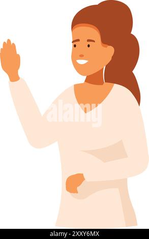 Eine junge Frau lächelt und winkt und grüßt die Leute Stock Vektor