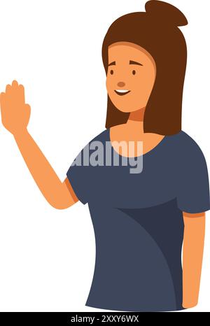 Junge Frau, die mit der Hand winkt, grüßt und Hallo-Illustration sagt Stock Vektor