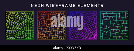 Bunte Drahtmodellformen, gefüttertes perspektivisches Netz, 3D-Raster. Geometrische Elemente mit niedrigem Poly. Futuristische Retro-Designelemente, y2k, Vaporwave und Stock Vektor
