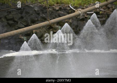 Spritzanlage im Kernkraftwerk Grohnde an der Weser. Dadurch wird der Schaum im Kühlwasser zerstört, das vor ihm abgelassen wird Stockfoto