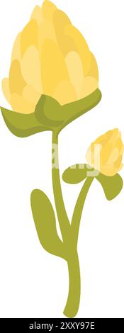 Einfache Illustration einer gelben Kleeblume, die auf einem grünen Stiel mit Blättern blüht Stock Vektor