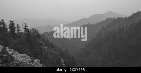 Blick von Isharu, Annnapurna Conservation Area, Nepal. Tal und Hügel bedeckt von Wald Stockfoto