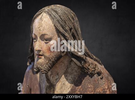 Kopf Christi, Detail des Palmesels, Holzfigur um 1520, auf dunklem Hintergrund, Dioezesan Museum, . Rottenburg, Baden-Württemberg, Deutschland, Stockfoto