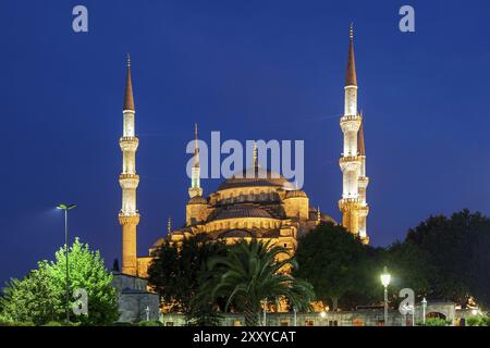 Blaue Moschee (Sultan Ahmet Camii) beleuchtet bei Nacht in Istanbul, Türkei, osmanische Architektur, Wahrzeichen der Stadt aus 1616, Asien Stockfoto