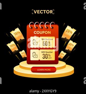 3D goldene Coupons mit Coupon-Code, Prozentsatz Rabatt auf einem Kalender, umliegende Coupons fliegen auf einer Bühne, isoliert auf dunklem Hintergrund. Werbebanner für Geschenkgutscheine für große Sonderaktionen. Vektorabbildung Stock Vektor