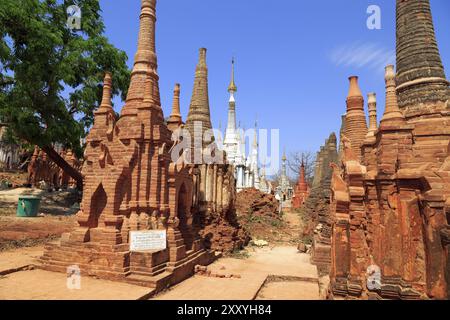 Einige der 1054 Pagoden des in-dein Pagoda Forest am Inle Lake Stockfoto