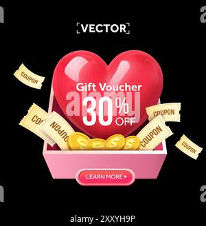 3D-Geschenkgutschein mit Herzballon, vielen Coupons und goldenen Münzen in einer Geschenkbox, isoliert auf dunklem Hintergrund. Werbebanner für Geschenkgutscheincodes für große Angebote bei valentinstag. 3D-Vektor. Vektorabbildung Stock Vektor