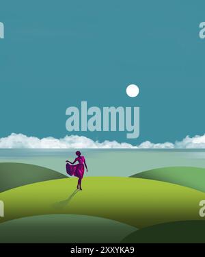 Eine Frau in rotem Kleid wird auf sanften Hügeln vor einem See und Wolken und Himmel in einer 3D-Illustration gesehen. Stockfoto