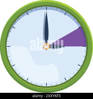Grüne Uhr im Cartoon-Stil mit weißem Gesicht fehlt ein Stück, was darauf hinweist, dass es fast fünf Uhr ist Stock Vektor