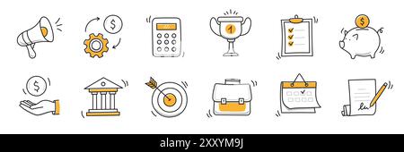 Handgezeichnetes Doodle-Geschäft, Geld-Icon-Set. Finanzen, Geld, Marketing-Skizze gezeichnet süße trendige Linie Doodle Icon. Geschäftsbank, Finanzrechner, Elemente für wirtschaftliche Ziele. Vektorabbildung Stock Vektor