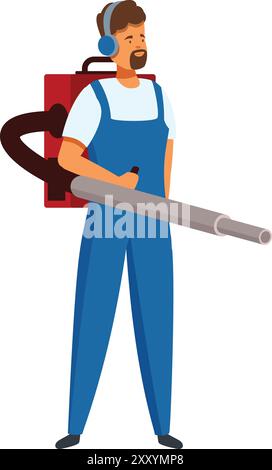 Männlicher Gärtner mit Kopfhörern, der Laubbläser hält und sich auf die Arbeit vorbereitet Stock Vektor