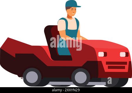 Gärtner, der eine Fahrt auf Rasenmäher fährt, Gartendienst-Vektor-Illustration Stock Vektor