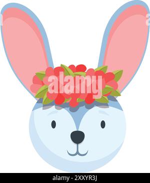 Blauer Häschen mit großen rosa Ohren trägt eine Krone aus roten Blumen Stock Vektor