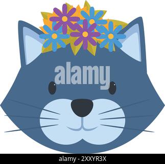 Die bezaubernde blaue Karikaturkatze trägt eine bunte Blumenkrone und lächelt Stock Vektor