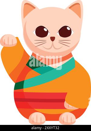 Cartoon-Illustration einer niedlichen chinesischen Glückskatze, die die Pfote in traditioneller Kleidung winkt Stock Vektor