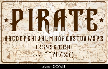 Mittelalterliche Piratenschriftart, Korsarart oder westliche Schrift des englischen Alphabets, Vektorbuchstaben. Antike Abenteuerschriftart im Piratenkartenstil mit Karibik- oder mediterranen ABC-Buchstaben als Schriftart Stock Vektor