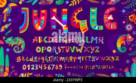 Mexikanische Zeichentrickschrift mit farbenfroher hispanischer Schrift von Blumen und tropischen Tieren, Vektor-englische Buchstaben. Day of Dead oder Dia de Los Muertos mexikanische Schriftart mit Calavera-Schädeln und Knochen für ABC-Typ Stock Vektor