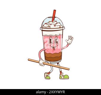 Retro-groovige Schokoladen-Erdbeeren-Milchshake-Dessertcharakter. Isolierter Karikaturvektor glückliche hohe Tasse mit einem Kuppeldeckel Personage, gekrönt mit Schlagsahne, mit der Hand winkend und einen langen Strohhalm halten Stock Vektor