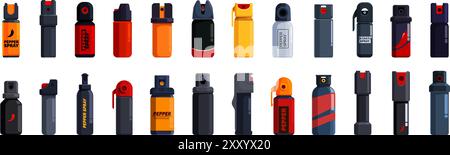 Symbole für Pfefferspray gesetzt. Sammlung von Pfeffersprays, die ein Gefühl von Sicherheit und Schutz bieten Stock Vektor