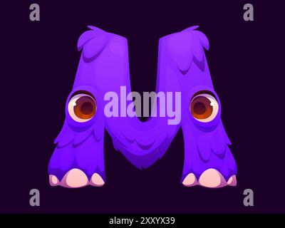 Letter M Halloween-Schriftart, böse Zeichentrickschrift, lustige gruselige Schriftart, gruseliger Buchstabe in Großbuchstaben, niedliches lila Monster mit großen Augen und Klauen. Isolierter Vektor lustige Kinder lateinischer abc-Charakter Stock Vektor