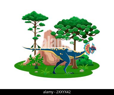 Dilophosaurus Cartoon prähistorische Dinosaurierfigur in üppiger Landschaft mit Bäumen und Felsen. Vektor-Theropod Dino aus dem frühen Jura, bekannt für seinen unverwechselbaren Doppelwappen auf dem Kopf Stock Vektor