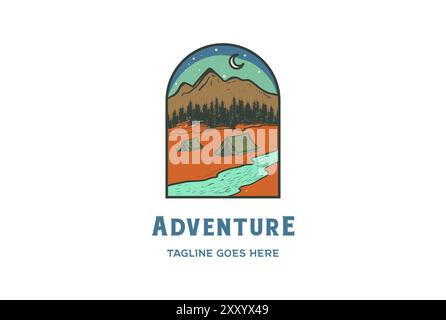 Night Mountain Pine Evergreen Fichte Nadelholz Tanne Lärche Zypressen Wald mit Zelt Camp for Adventure Emblem Logo Design Stock Vektor