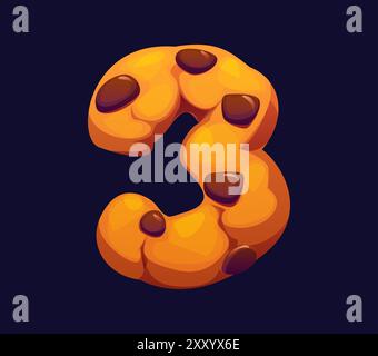 Cartoon Nummer drei als Keks mit Schokoladenchips. Süßigkeiten- und Süßwarenalphabet, Süßwarenschrift, Schriftart, Schriftart. Isolierte Vektorziffer 3 typographische Mathematik-Symbol für die Kindererziehung Stock Vektor