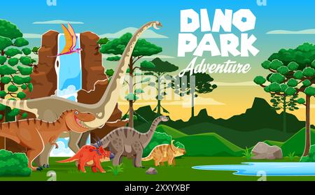 Prähistorische Dinosaurier in der Dino-Park-Landschaft mit jurassischen Echsenfiguren, Vektor-Zeichentrickhintergrund. Kinder Dino Park oder Dinosaurier atlas Buch mit lustigen T-rex und prähistorischen Reptilien im Wald Stock Vektor