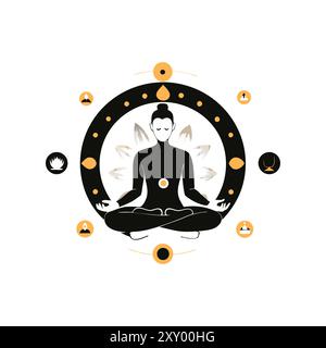 Eine ruhige Vektorillustration eines meditierenden Buddha, umgeben von spirituellen Symbolen und einem Mandala, ideal für Themen, die mit Spiritualität, Achtsamkeit und innerem Frieden zusammenhängen. Stock Vektor