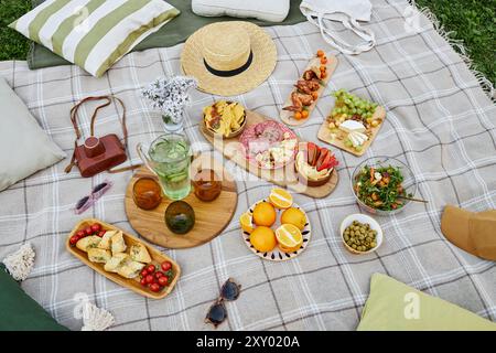 Picknick auf karierter Decke mit verschiedenen Snacks, Früchten und Getränken für einladende Atmosphäre für Mahlzeiten im Freien Stockfoto