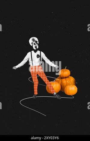 Vertikale Fotocollage des anonymen Mannes statt Gesicht Schädelknochen Kürbis halloween-Symbol Teufel Angst isoliert auf gemalten Hintergrund Stockfoto