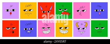 Quadratische abstrakte Comic-Gesichter mit verschiedenen Emotionen Stock Vektor