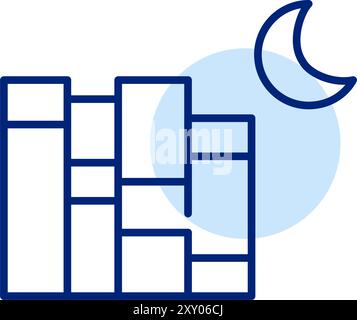 Bücher auf Regal und Mond. Lesen Sie vor dem Schlafengehen. Symbol für Pixelperfekte, bearbeitbare Kontur Stock Vektor