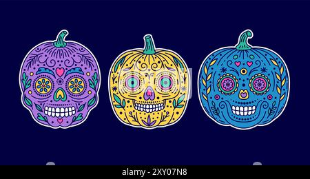 Set mit Aufklebern mit Halloween-Kürbissen mit Gesichtern des traditionellen mexikanischen Feiertags Day of the Dead. Stock Vektor