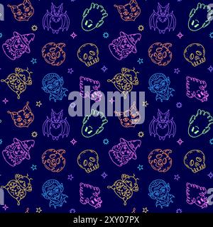 Nahtloses Muster mit Charakteren im Doodle-Stil zum Thema Halloween-Feiertage. Verlaufsfarben. Stock Vektor
