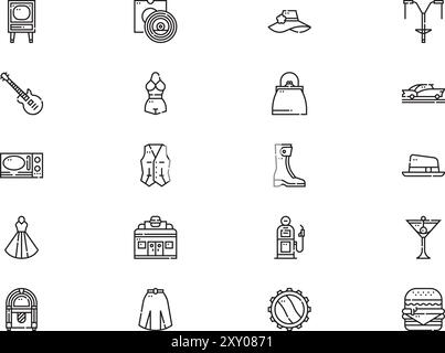 Die Sammlung der Symbole der 50er Jahre ist eine Vektorillustration mit bearbeitbarer Kontur. Stock Vektor