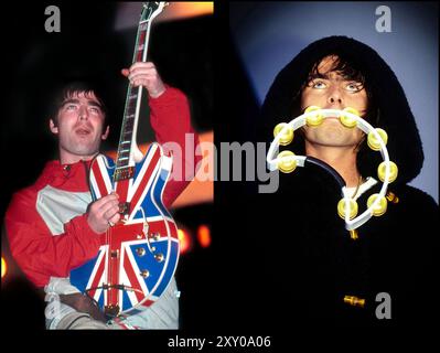 Oase im Konzert. Noel Gallagher (links) bei Maine Road, Manchester und Liam bei Balloch Park, Loch Lomond, Schottland Stockfoto