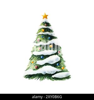 Weihnachtsbaum im Schnee mit Spielzeug, Bälle. Weihnachten Aquarell Pflanze mit Goldstern, handgemalte Illustration isoliert auf Hintergrund. Für Stockfoto