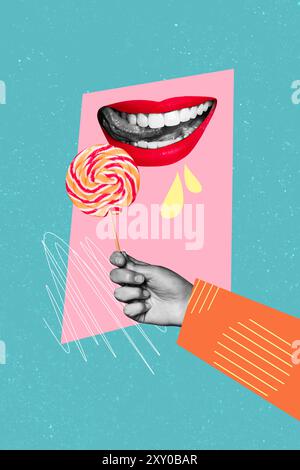 Vertikale Poster Collage Frau Gesicht Fragment Mund Karikatur lecken verlockend Lolly Süßigkeiten Zähne Zunge essen hungrig leckere köstliche Mahlzeit Stockfoto