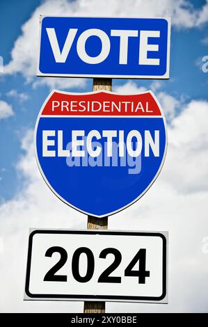 Die Wahl der US-Präsidentschaftswahlen 2024 wurde auf amerikanischem Straßenschild geschrieben Stockfoto