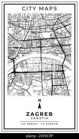 Einfarbige Linie Art Karte von Zagreb Stadt Kroatien, Illustration und Wohndekoration Stock Vektor