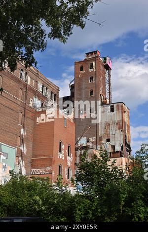 Canadian Mälzersilos, eine verlassene Mälzerei am Lachine-Kanal im Stadtteil Saint-Henri in Montreal, Canada Little Pink Stockfoto