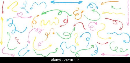 Satz handgezeichneter Kreidepfeile für Kinder. Sammlung abstrakter pastellfarbener, gekrümmter Zeiger. Lustige Wachs Kreide Vektorzeiger, die in verschiedene zeigen Stock Vektor
