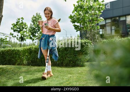 Eine junge Frau mit einer Beinprothese lächelt, während sie ihr Handy ansieht und eine Tasse Kaffee in einem Sommerpark hält. Stockfoto