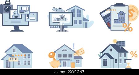 Immobilienszenen. Videorezension von verschiedenen Häusern, Online-Verkauf von Gebäuden mit einem Rabatt oder Hypothekarkredit. ECO Home, Vektorflaches Konzept Stock Vektor