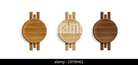 Runde Holzschilder isoliert auf weißem Hintergrund. Realistische Vektor-Illustration von leeren hölzernen Schildern mit vertikaler Dielendekoration, hell- und dunkelbraunen runden Tafeln, Innenelement Stock Vektor