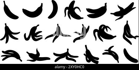 Bananenschwarze Silhouetten. Bananen, Früchte und Schalen. Flache isolierte Frucht monochrome Ikonen, Lebensmittel, Erntezeit, Vitamine rohe Vektor Clipart Stock Vektor