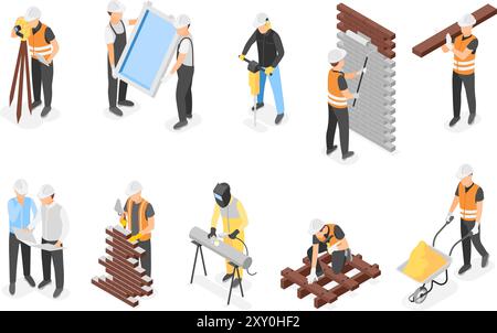 Isometrie Builder. Bauarbeiter Malerei Wand tragen Fenster, messen Raum, tun Ziegelverlegung und Schweißen Rohr, makellose Vektorsatz Stock Vektor